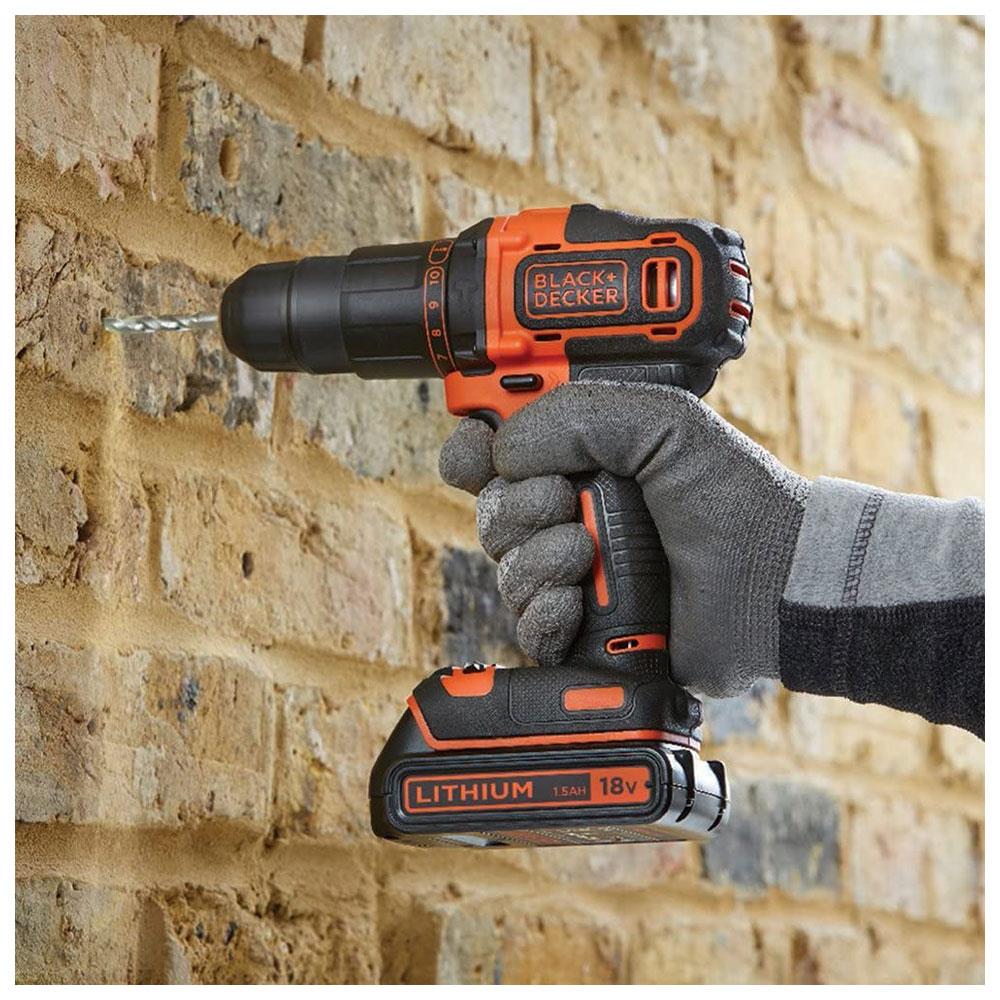 Black & Decker 18V Cordless 2 Gear Hammer Drill With 1.5 Ah Lithium-Ion Battery And 400mA Charger With Kitbox - Orange/Black Secondary image