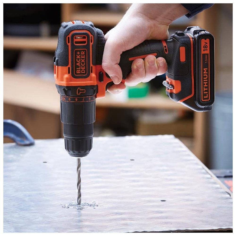 Black & Decker 18V Cordless 2 Gear Hammer Drill With 1.5 Ah Lithium-Ion Battery And 400mA Charger With Kitbox - Orange/Black