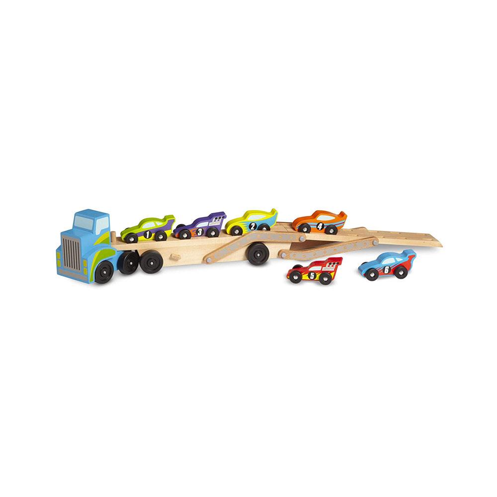 Melissa & Doug Mega Race-Car Carrier - Wooden Tractor and Trailer With 6 Unique Race Cars Secondary image