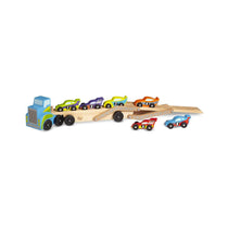 Melissa & Doug Mega Race-Car Carrier - Wooden Tractor and Trailer With 6 Unique Race Cars