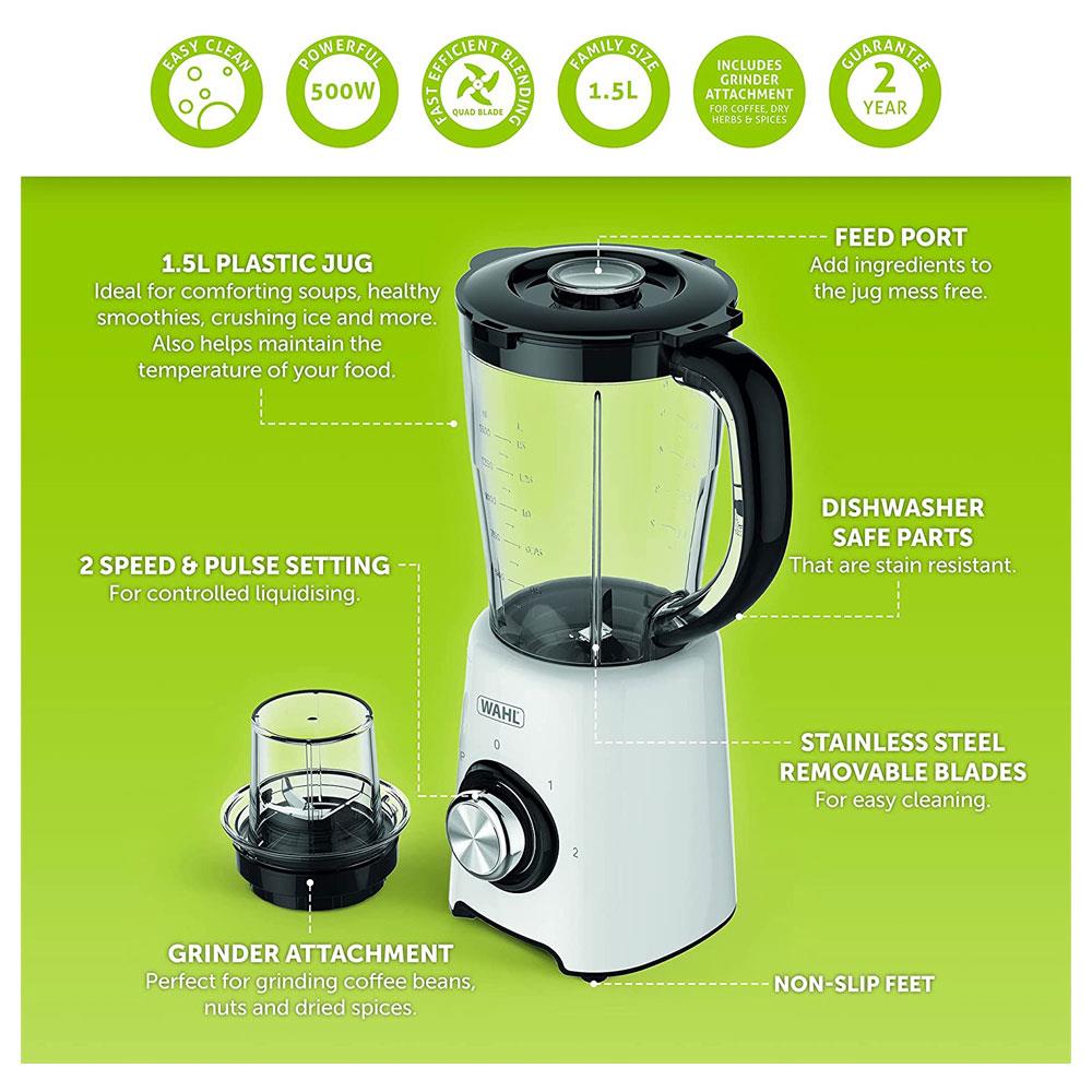 Wahl Table Jug Blender with Grinder Attachment 2 Speed Pulse Setting 500 W 1.5 Litres - White