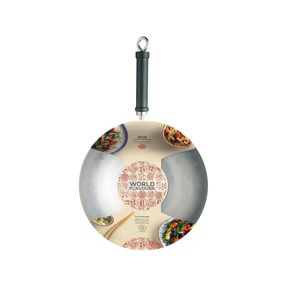KitchenCraft World of Flavours Oriental Plain Carbon Steel 30cm Wok For Induction Hob 3.5 Litres - Black Secondary image