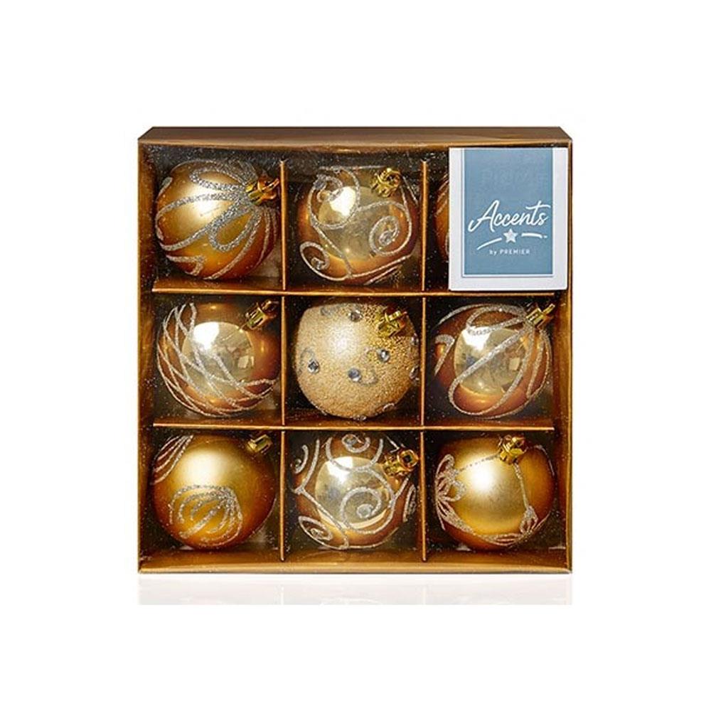 Premier Set of Nine Gold Christmas Tree Shatterproof Baubles (6cm) Main image