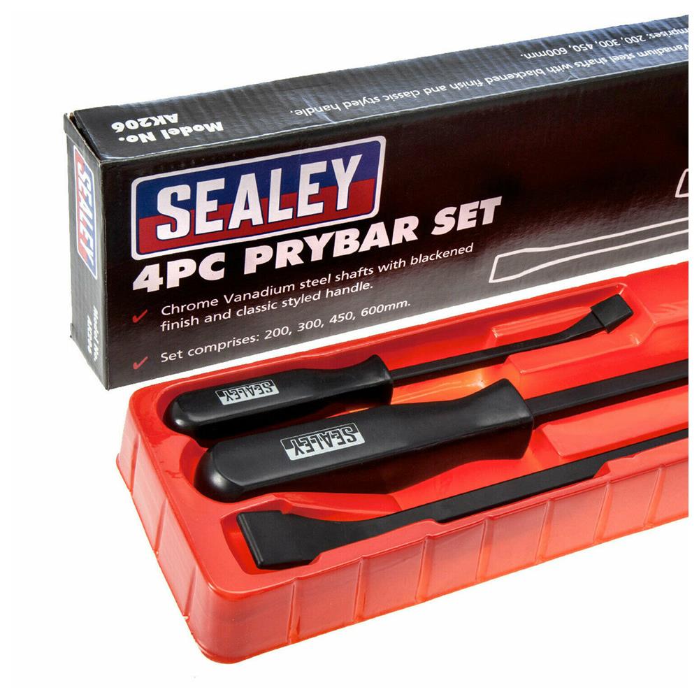 Sealey Chrome Vanadium Prybar 200mm 300mm 450mm 600mm 4 Piece Set - Black