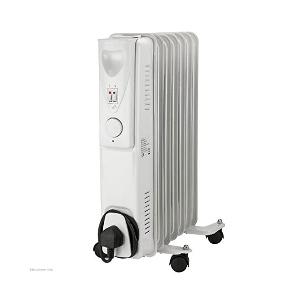 Daewoo 7 Fin Oil Filled Radiator Heater With Thermostat And Wheels 1500W - White Secondary image