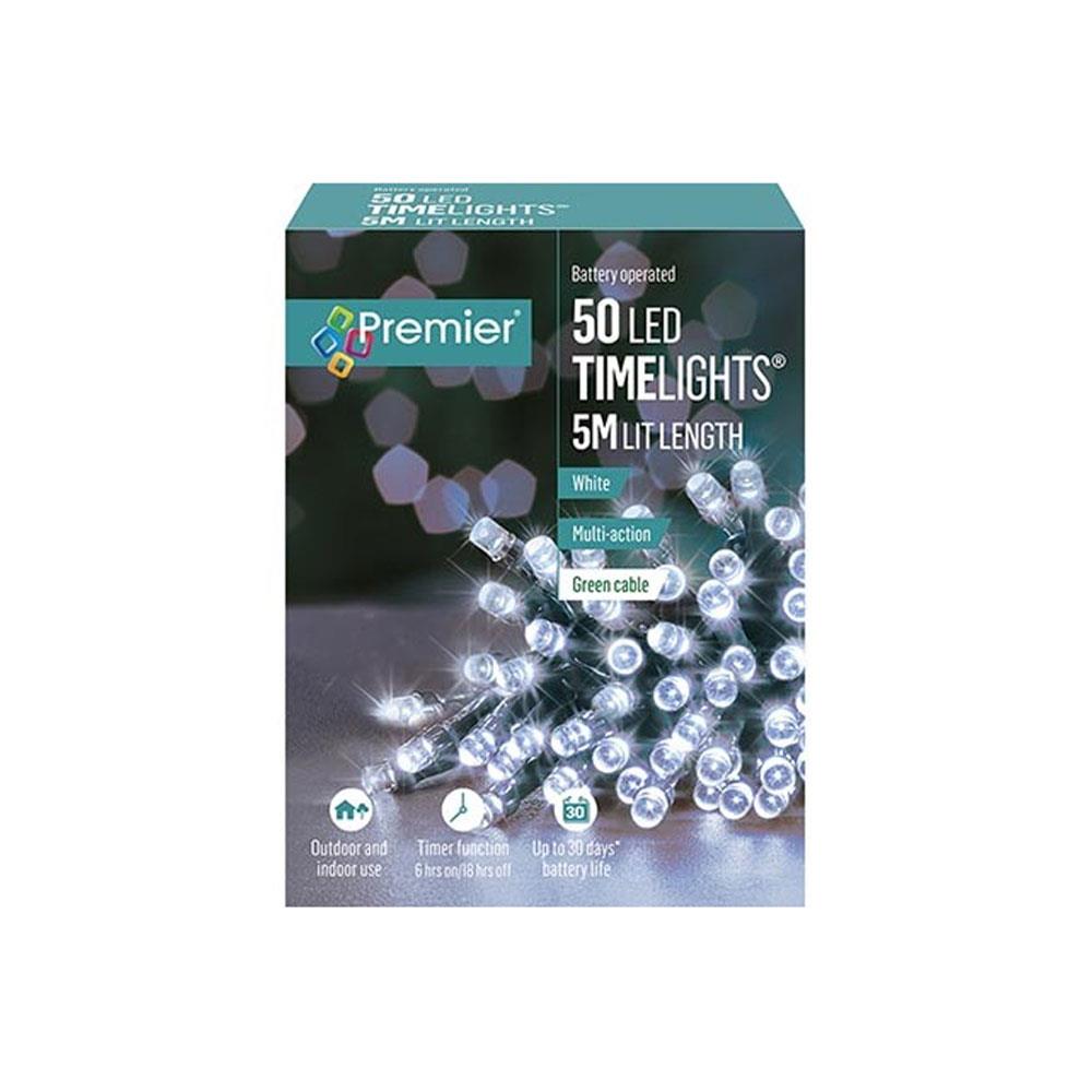Premier Christmas Multi Action Battery Operated 50 LEDs Lights With Timer - White Main image