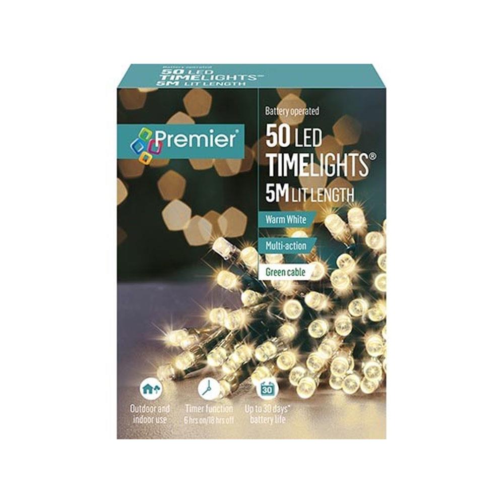 Premier Christmas Multi Action Battery Operated 50 LEDs Lights With Timer- Warm White Main image