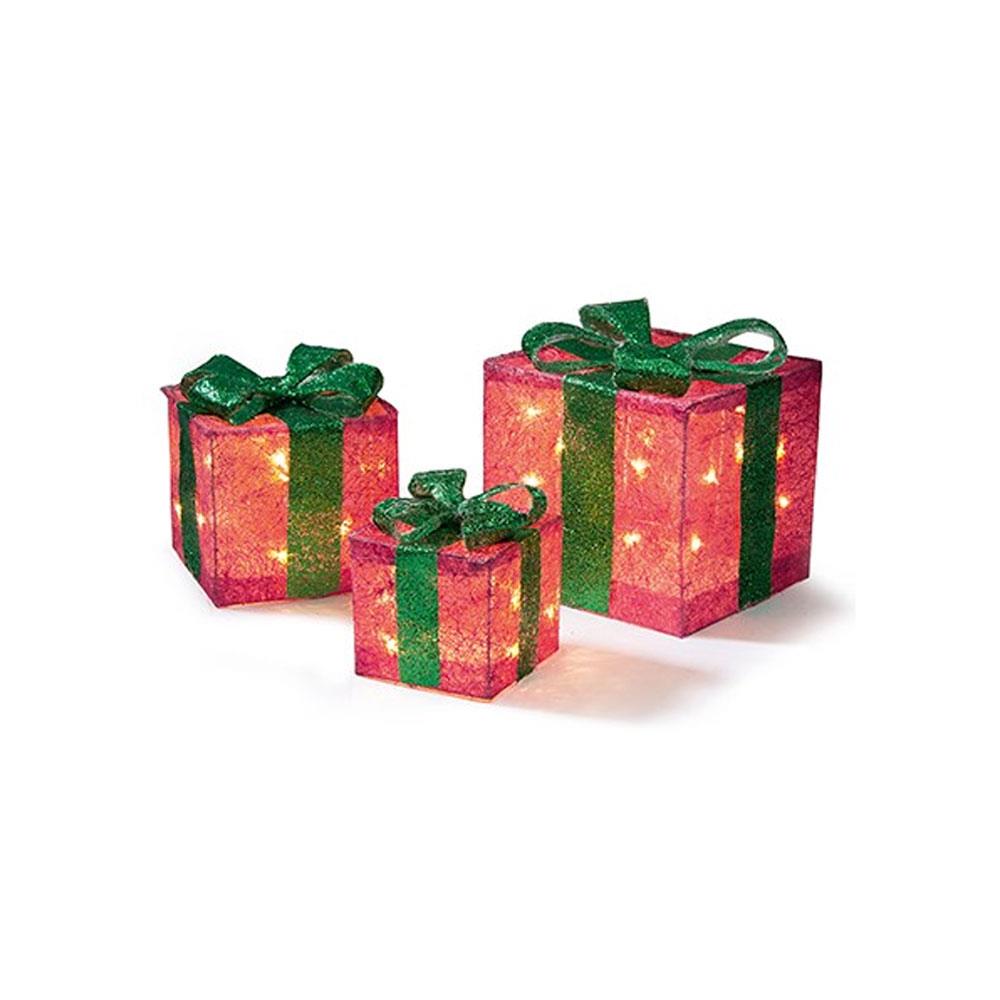 Premier Christmas Decorations Glitter Parcels Light Up Light up Gift Boxes With 40 WW LEDs Set of 3 15-20-25cm - Red And Green Main image