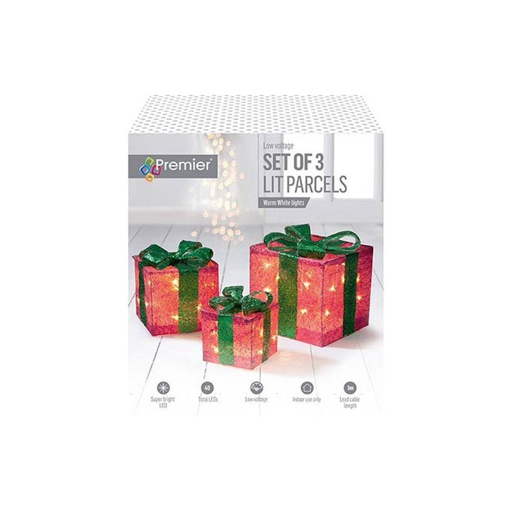 Premier Christmas Decorations Glitter Parcels Light Up Light up Gift Boxes With 40 WW LEDs Set of 3 15-20-25cm - Red And Green Secondary image