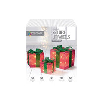 Premier Christmas Decorations Glitter Parcels Light Up Light up Gift Boxes With 40 WW LEDs Set of 3 15-20-25cm - Red And Green