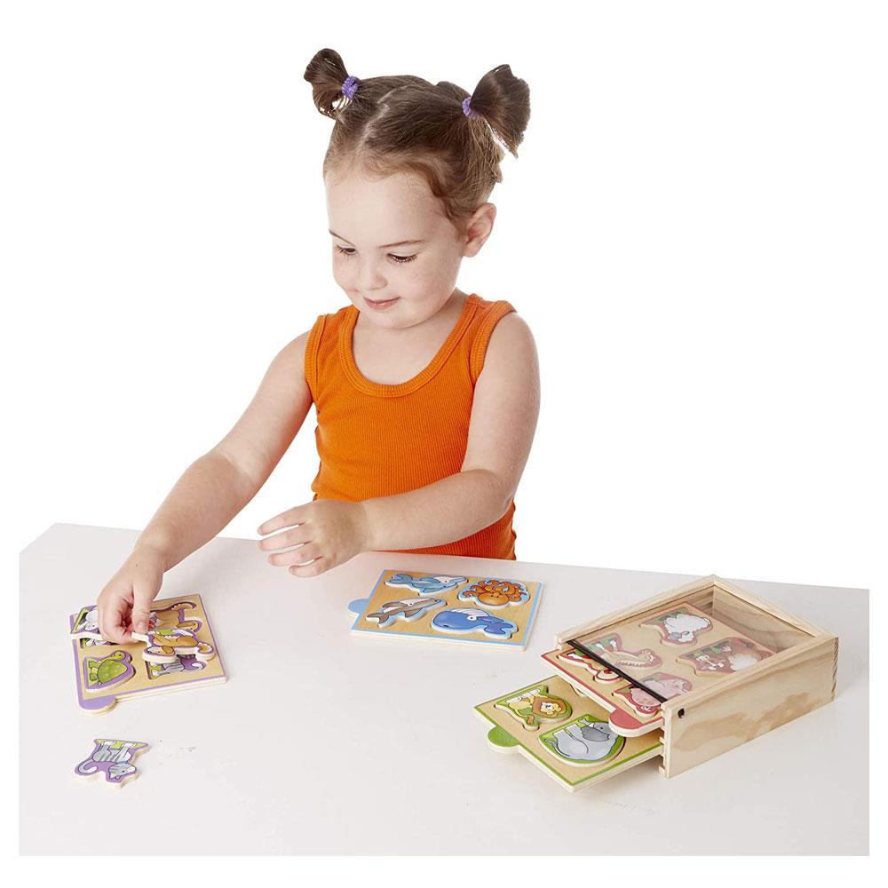 Melissa & Doug Animals Wooden Mini Puzzle Pack Set of 4 Piece Adorable Animal Puzzles With Storage And Travel Case - Multicolour