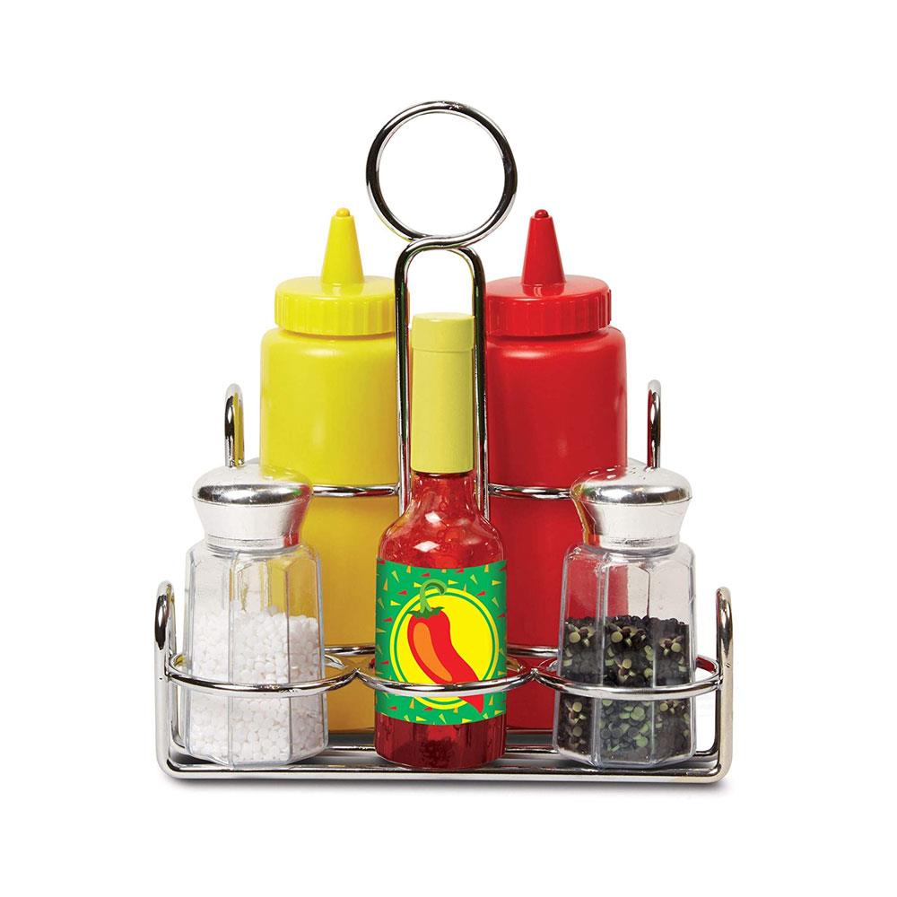Melissa & Doug Let's Play House! Condiment Set - 6 Pieces - Pretend Play Sturdy Metal Caddy Realistic Sound Effects - Multicolour