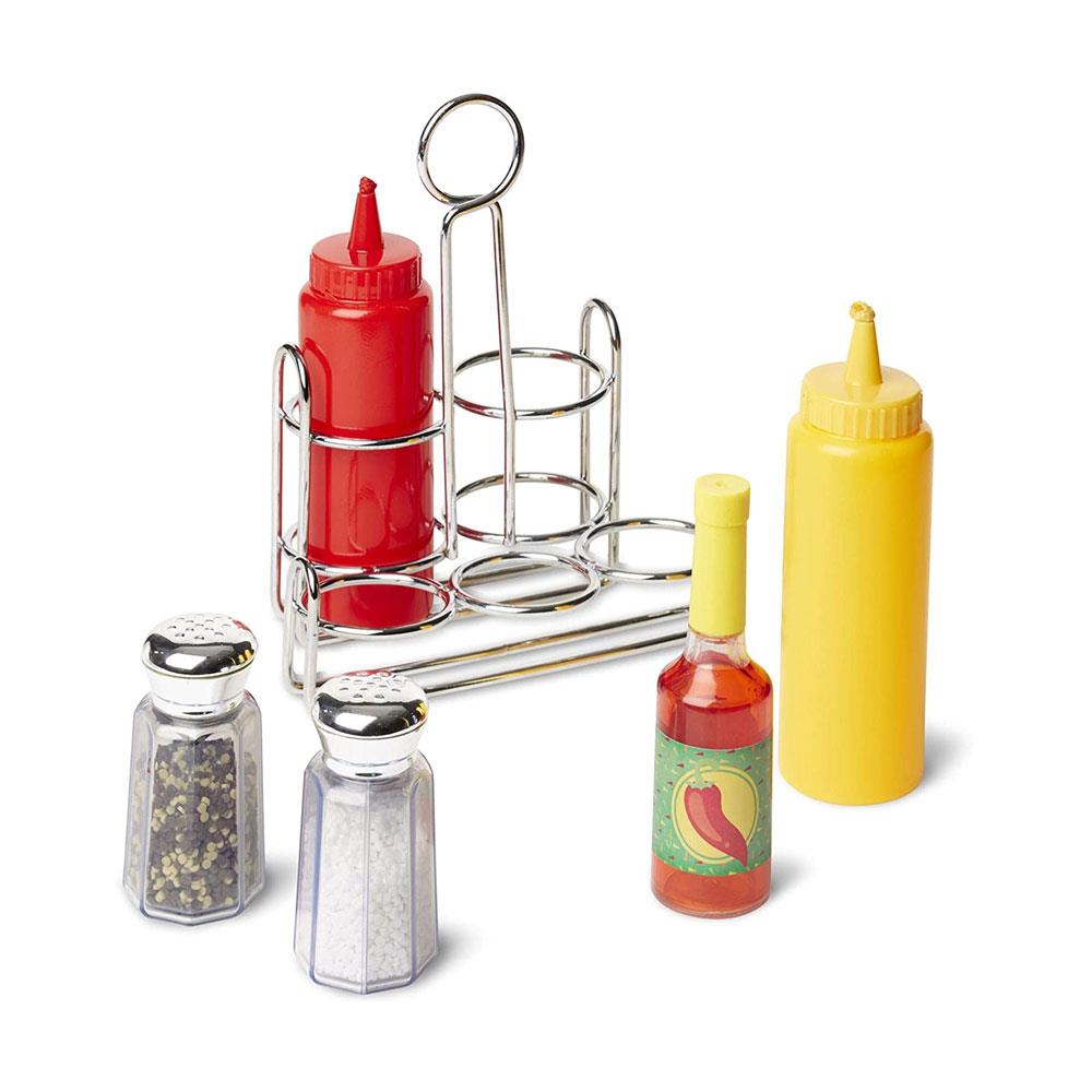 Melissa & Doug Let's Play House! Condiment Set - 6 Pieces - Pretend Play Sturdy Metal Caddy Realistic Sound Effects - Multicolour