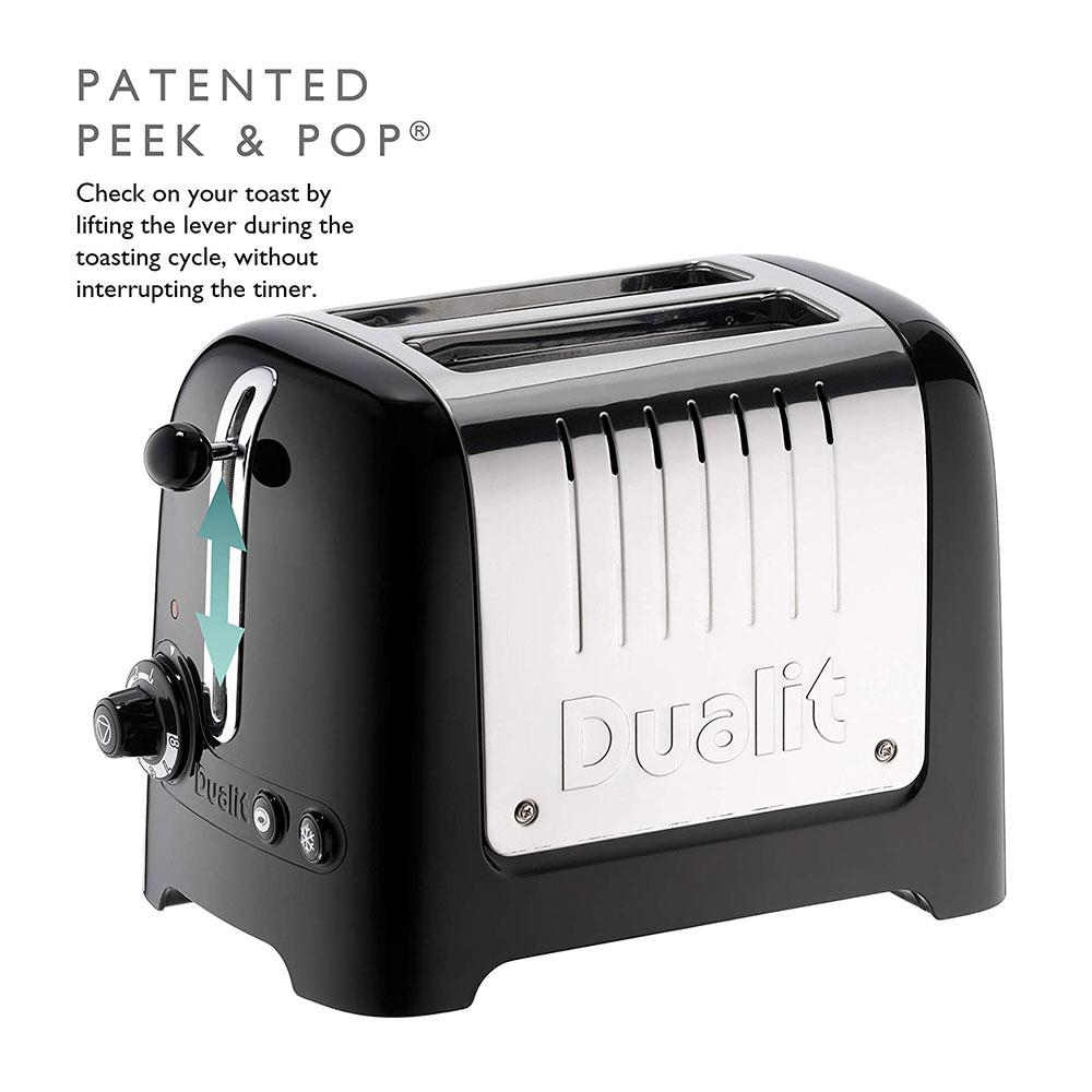 Dualit Lite 2 Slice Toaster With Bagel Defrost Cancel And Reheat Extra Wide Slots High Gloss 1100W - Black