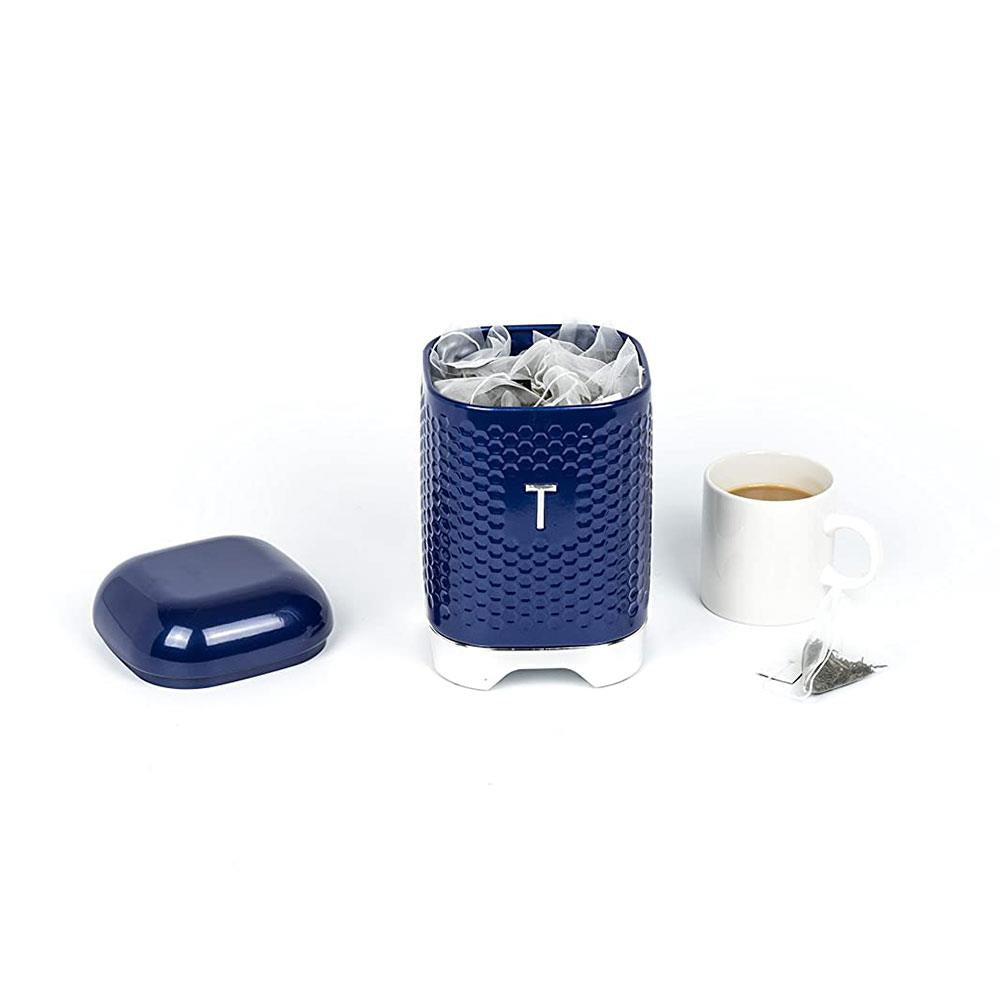 KitchenCraft Lovello Textured Retro Tea Canister With Geometric Embossed Finish 11 x 11 x 19 cm (4.5" x 4.5" x 7.5") - Midnight Navy