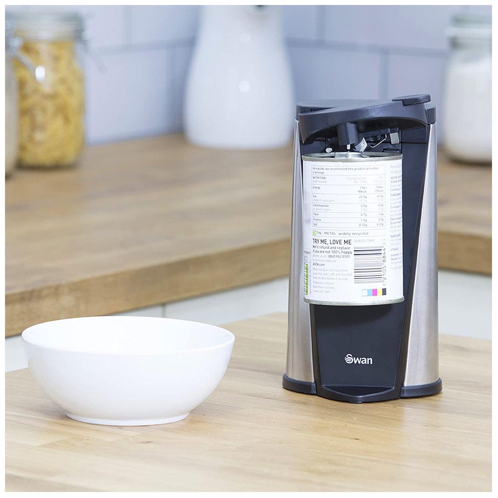 Swan 3 In 1 Electric Can Opener With Knife Sharpener And Bottle Opener 60 W - Black/Silver