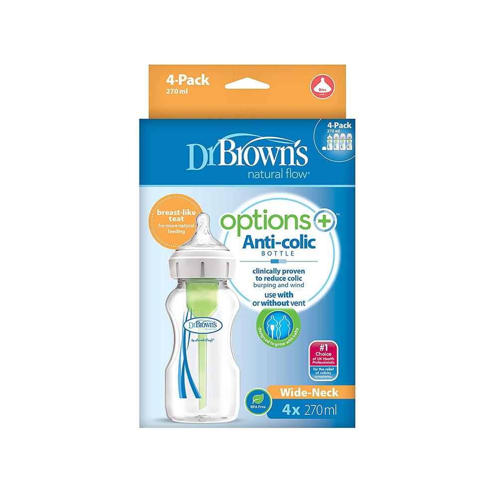 Dr. Brown Options + Anti-Colic Baby Bottles 270ml  with Level 1 Teats - Four Pack
