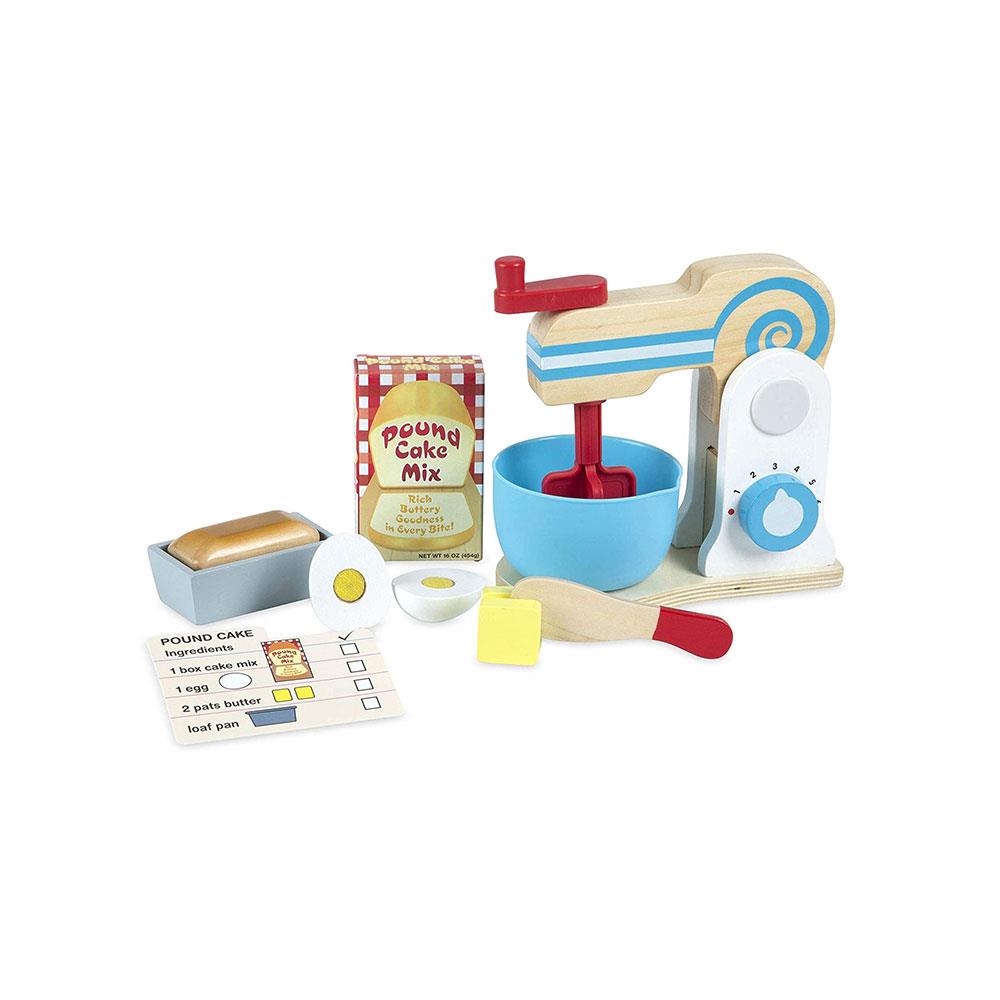 Melissa & Doug Wooden Make-a-Cake Mixer Set Encourages Creative Thinking - 11-Piece Wooden Hand-Crank Cake Baking Mixer Set - Multicolor