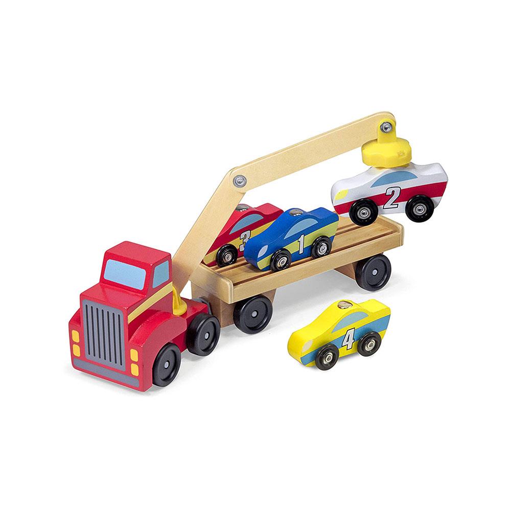 Melissa & Doug Magnetic Car Loader Wooden Toy Set Includes Red Truck With Magnetic Arm Car-Carrier Trailer & 4 Magnetic Wooden Cars - Multicolor Main image