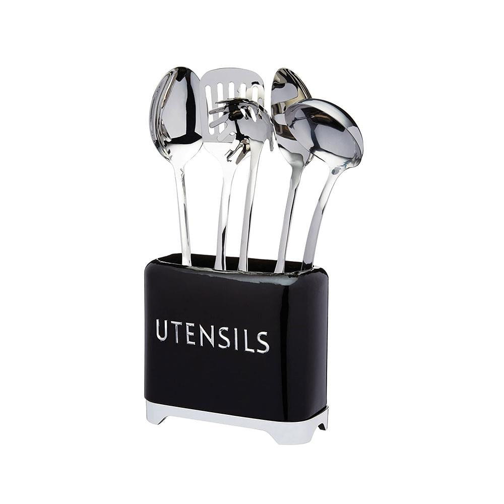 KitchenCraft Lovello Retro Utensil Holder With Geometric Textured Finish - Midnight Black