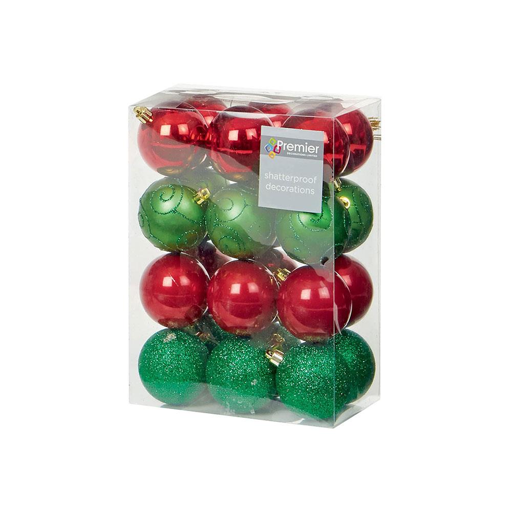 Premier Shatterproof Christmas Tree Baubles Balls 60mm Set of 24 - Red And Green