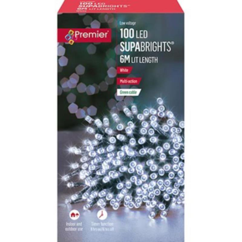 Premier Christmas Multi Action 100 LED Supabrights Lights With Timer - White Green Cable