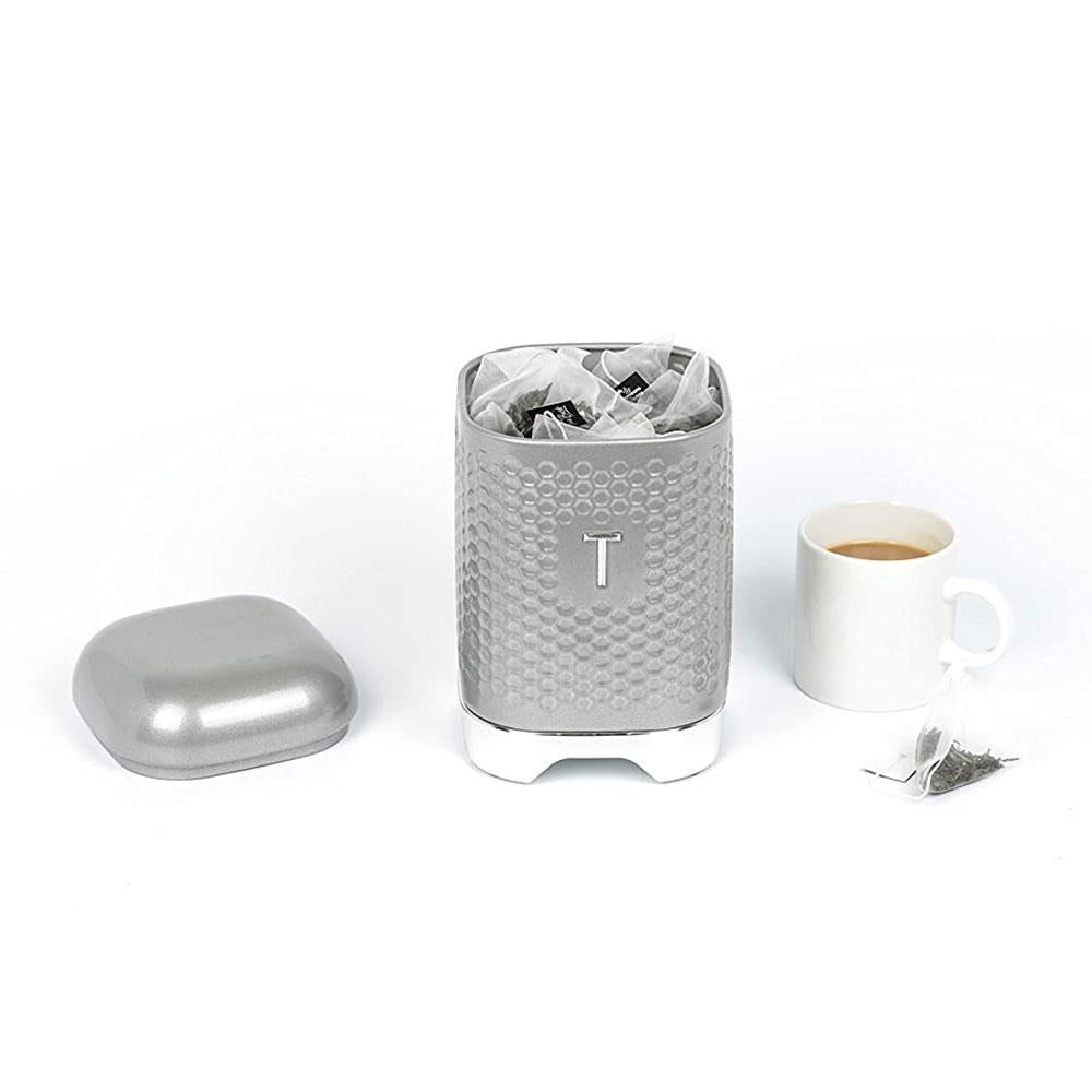 KitchenCraft Lovello Textured Retro Tea Canister With Geometric Embossed Finish 11 x 11 x 19 cm (4.5" x 4.5" x 7.5") - Shadow Grey