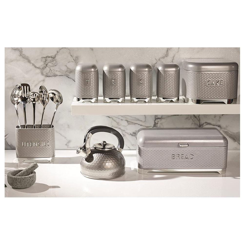KitchenCraft Lovello Textured Retro Tea Canister With Geometric Embossed Finish 11 x 11 x 19 cm (4.5" x 4.5" x 7.5") - Shadow Grey