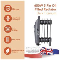 Warmlite 5 Fin Oil Filled Radiator with Adjustable Thermostat and Overheat Protection 650 W - Dark Titanium