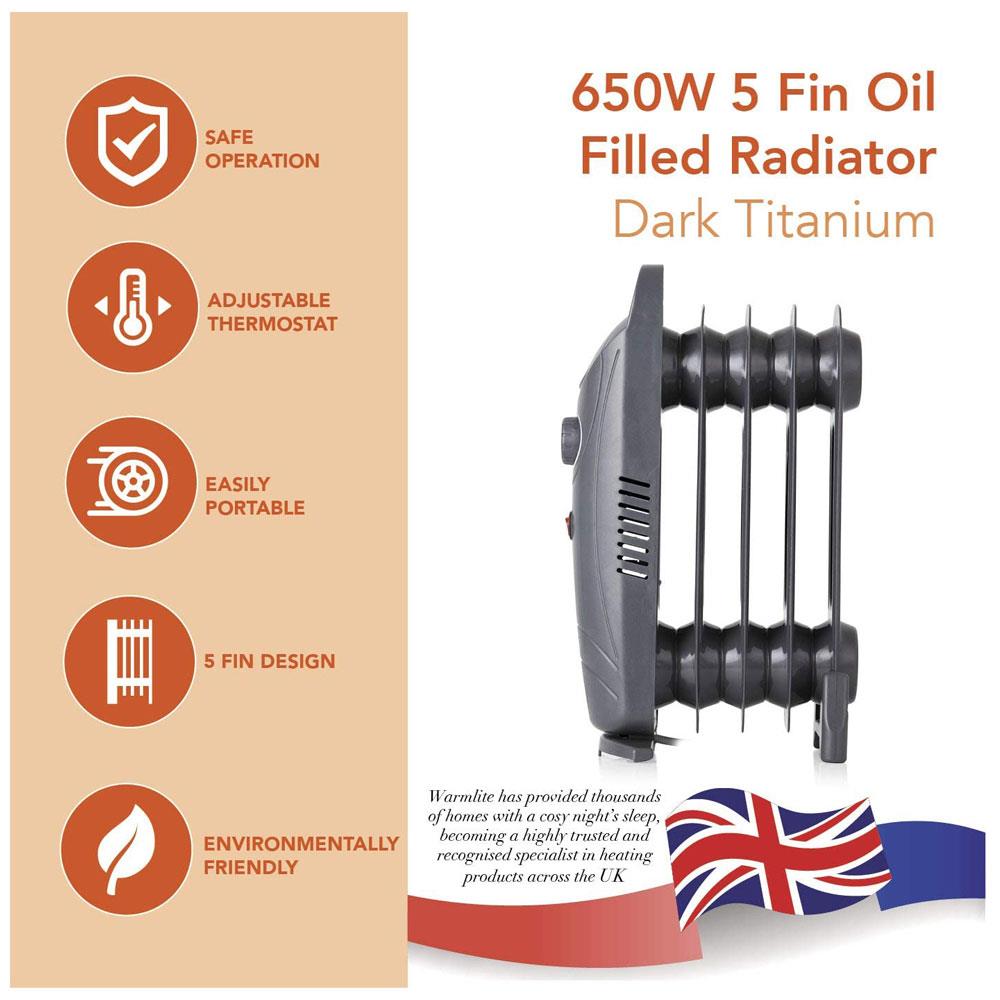 Warmlite 5 Fin Oil Filled Radiator with Adjustable Thermostat and Overheat Protection 650 W - Dark Titanium