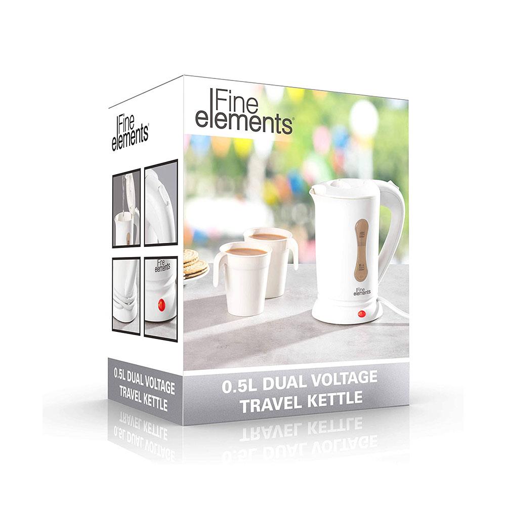 Fine Elements Dual Voltage Travel Kettle With Two Cups Plastic 0.5 Litre - White