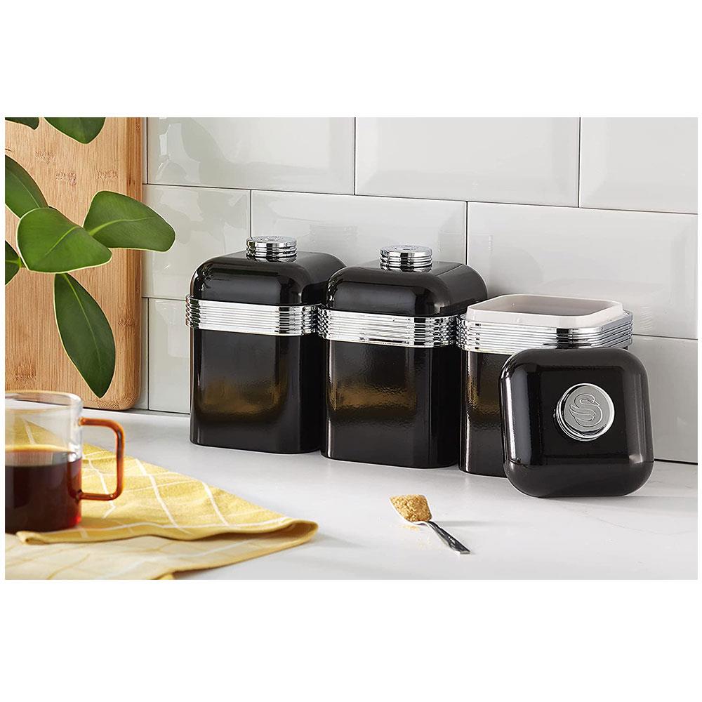 Swan Retro Set of 3 Canisters Tea Coffee Sugar - Black