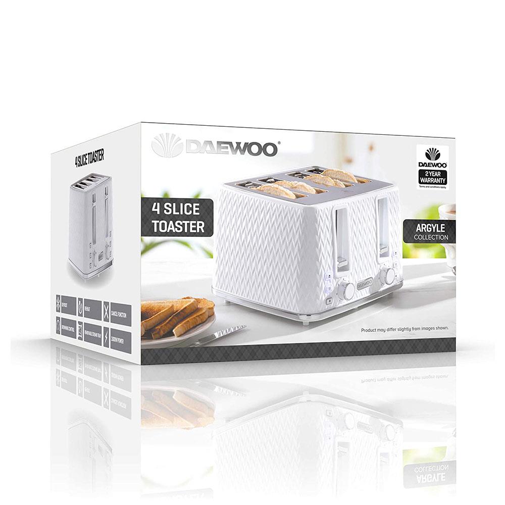 Daewoo Argyle 4 Slice Toaster With Reheat Cancel And Defrost Functions 1600 W - White