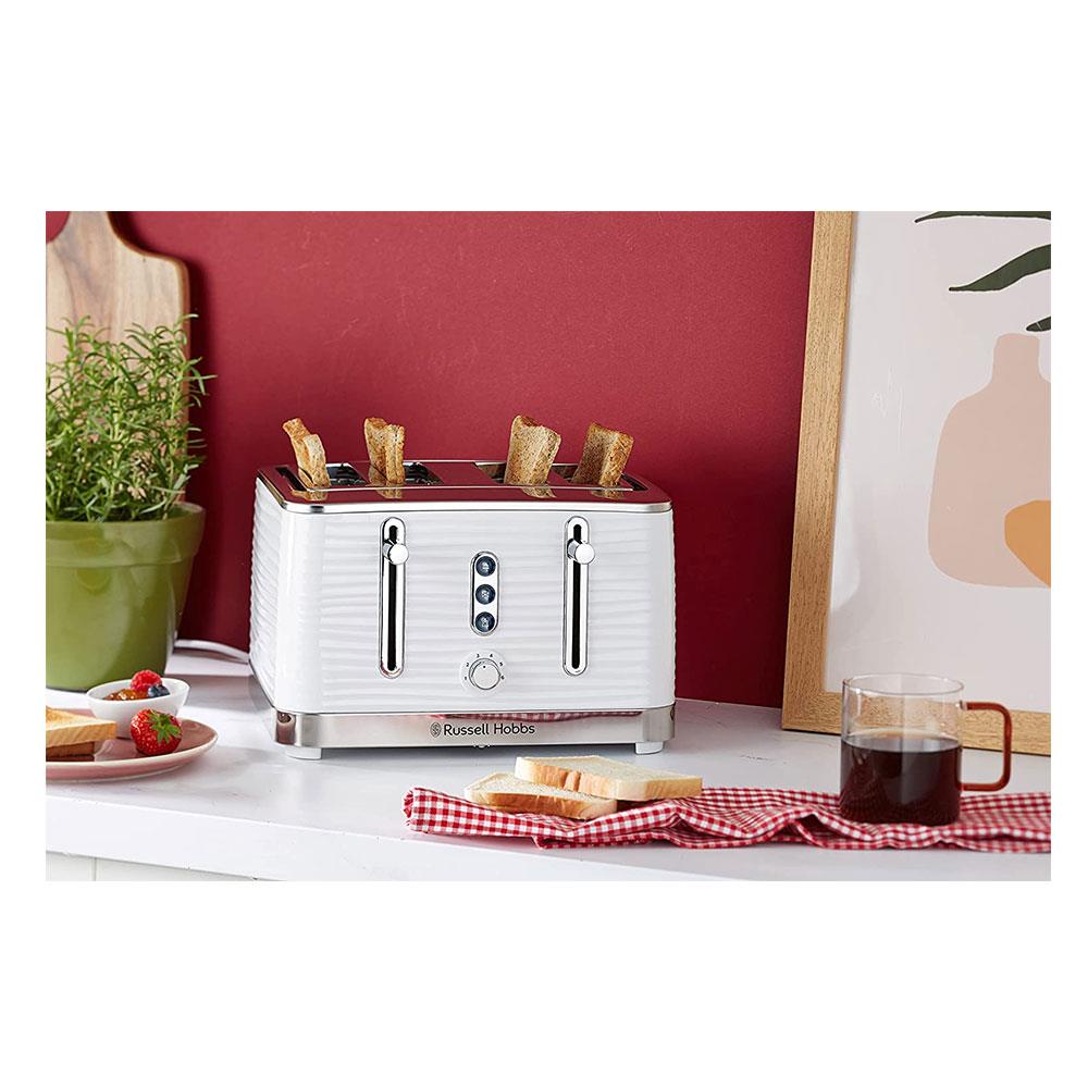 Russell Hobbs Inspire 4 Slice Toaster Wide Slot With Lift And Look Feature High Gloss White With Chrome Accents 1800 W