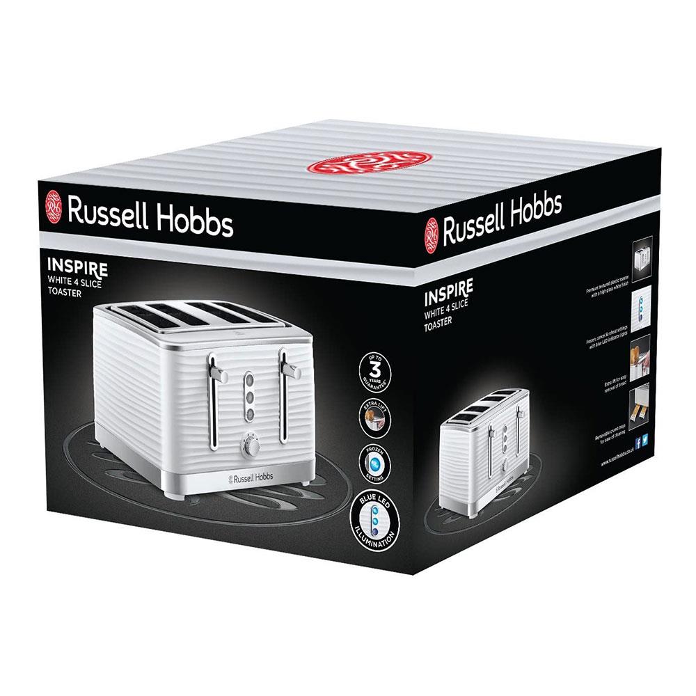 Russell Hobbs Inspire 4 Slice Toaster Wide Slot With Lift And Look Feature High Gloss White With Chrome Accents 1800 W