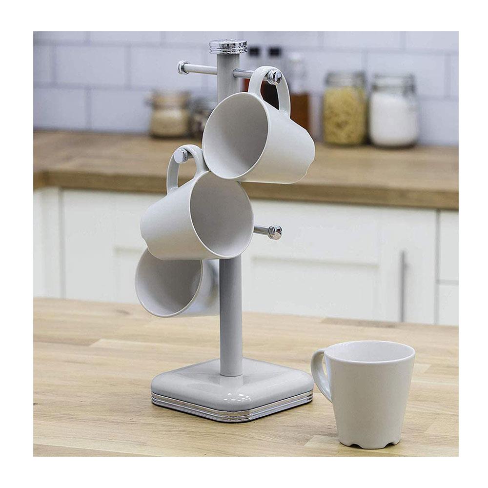 Swan Retro 6 Cup Mug Tree Weighted Base Polished Metal - Grey