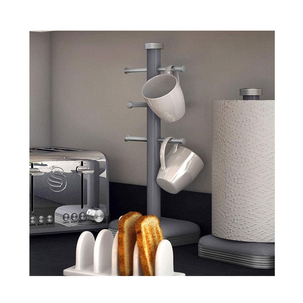 Swan Retro 6 Cup Mug Tree Weighted Base Polished Metal - Grey