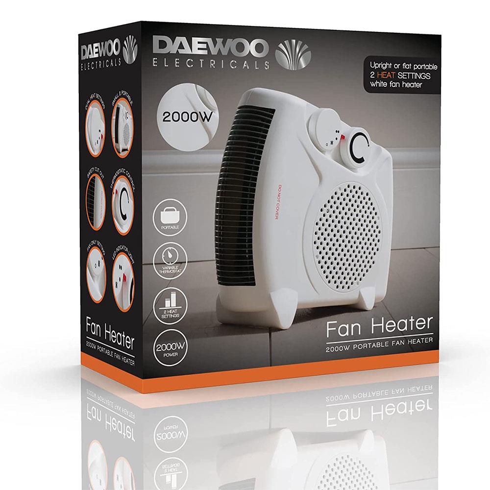 Daewoo Portable Flat Upright Electric Fan Heater 2000W With 2 Heat Settings Thermostatic - White