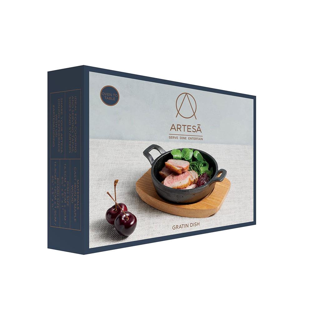 KitchenCraft Artesa Cast Iron Mini Gratin Dish With Serving Board 12cm x 16.5cm x 2cm - Black/Beige