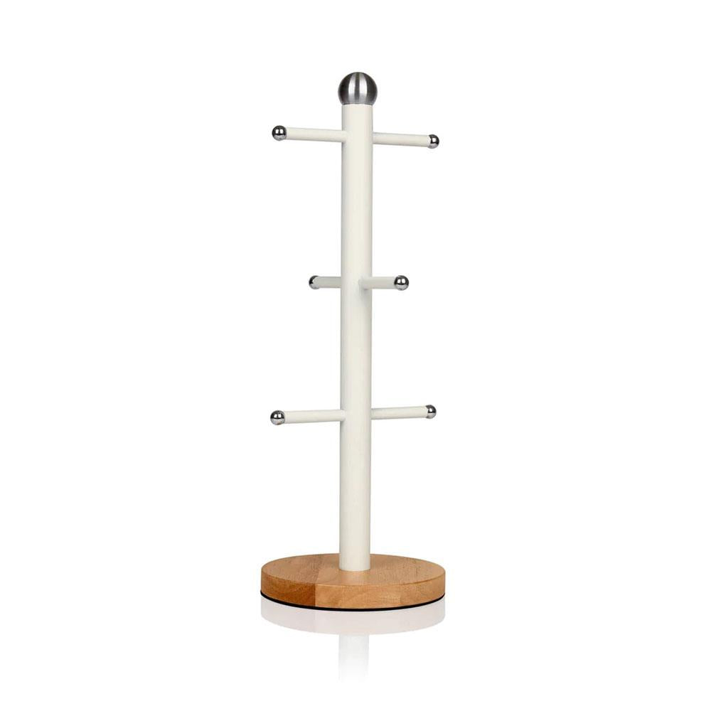 Swan Nordic Six Branch Mug Tree With Bamboo Base Wooden Effect Steel - Cotton White