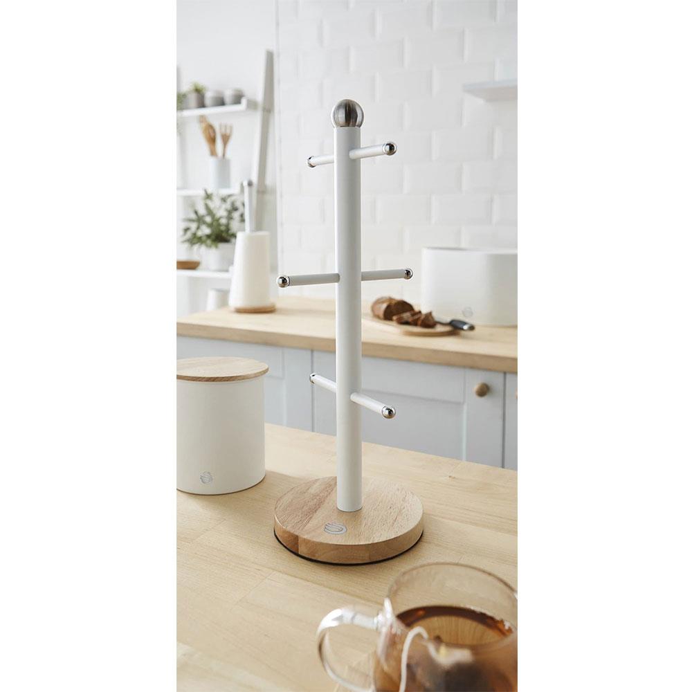 Swan Nordic Six Branch Mug Tree With Bamboo Base Wooden Effect Steel - Cotton White