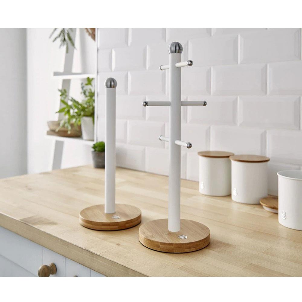 Swan Nordic Six Branch Mug Tree With Bamboo Base Wooden Effect Steel - Cotton White