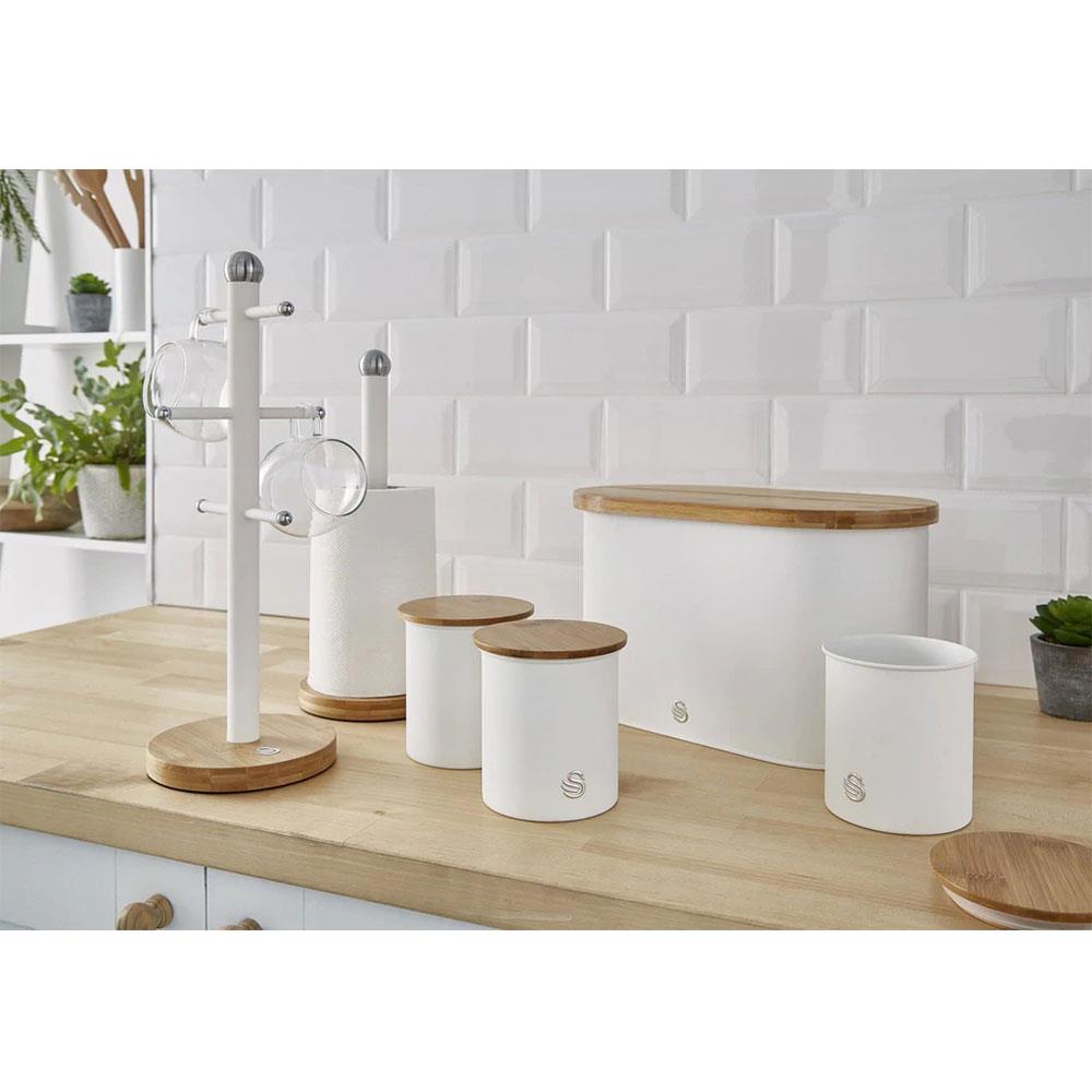 Swan Nordic Six Branch Mug Tree With Bamboo Base Wooden Effect Steel - Cotton White