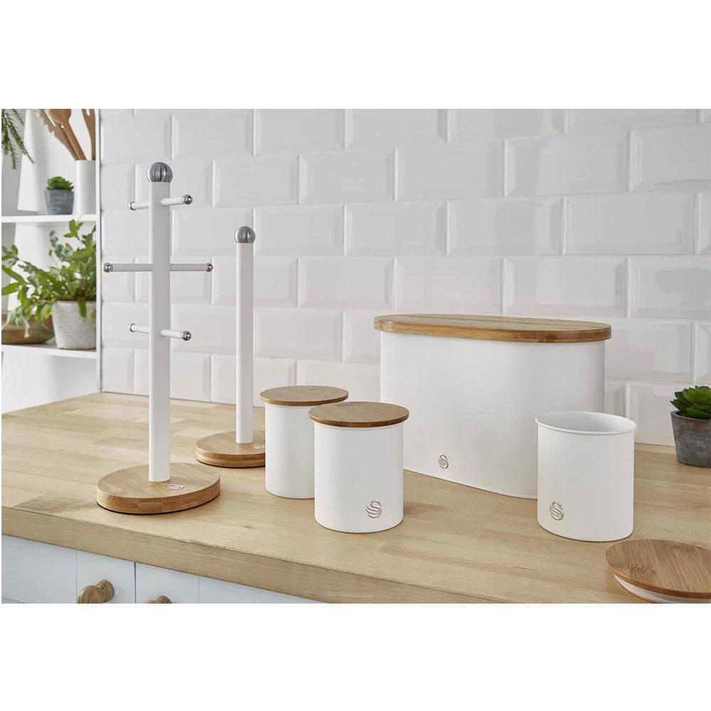 Swan Nordic Six Branch Mug Tree With Bamboo Base Wooden Effect Steel - Cotton White