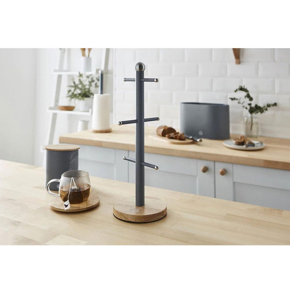 Swan Nordic Six Branch Mug Tree With Bamboo Base Wooden Effect Steel - Slate Grey