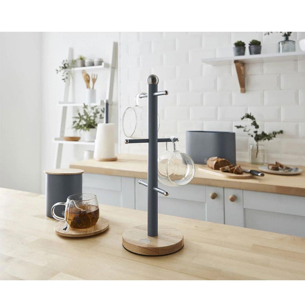 Swan Nordic Six Branch Mug Tree With Bamboo Base Wooden Effect Steel - Slate Grey