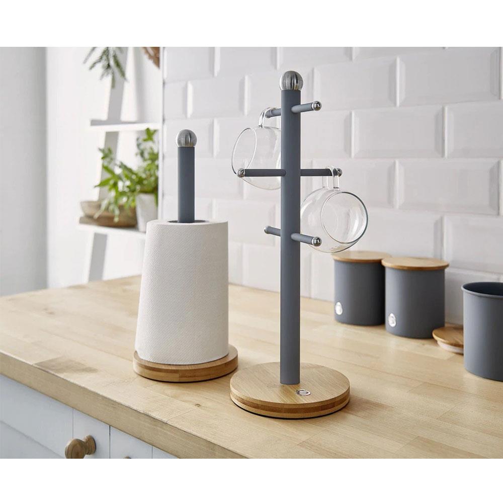 Swan Nordic Six Branch Mug Tree With Bamboo Base Wooden Effect Steel - Slate Grey