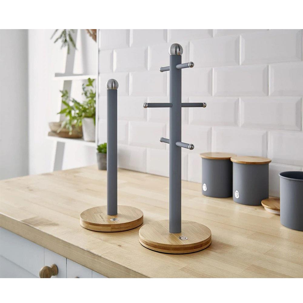 Swan Nordic Six Branch Mug Tree With Bamboo Base Wooden Effect Steel - Slate Grey