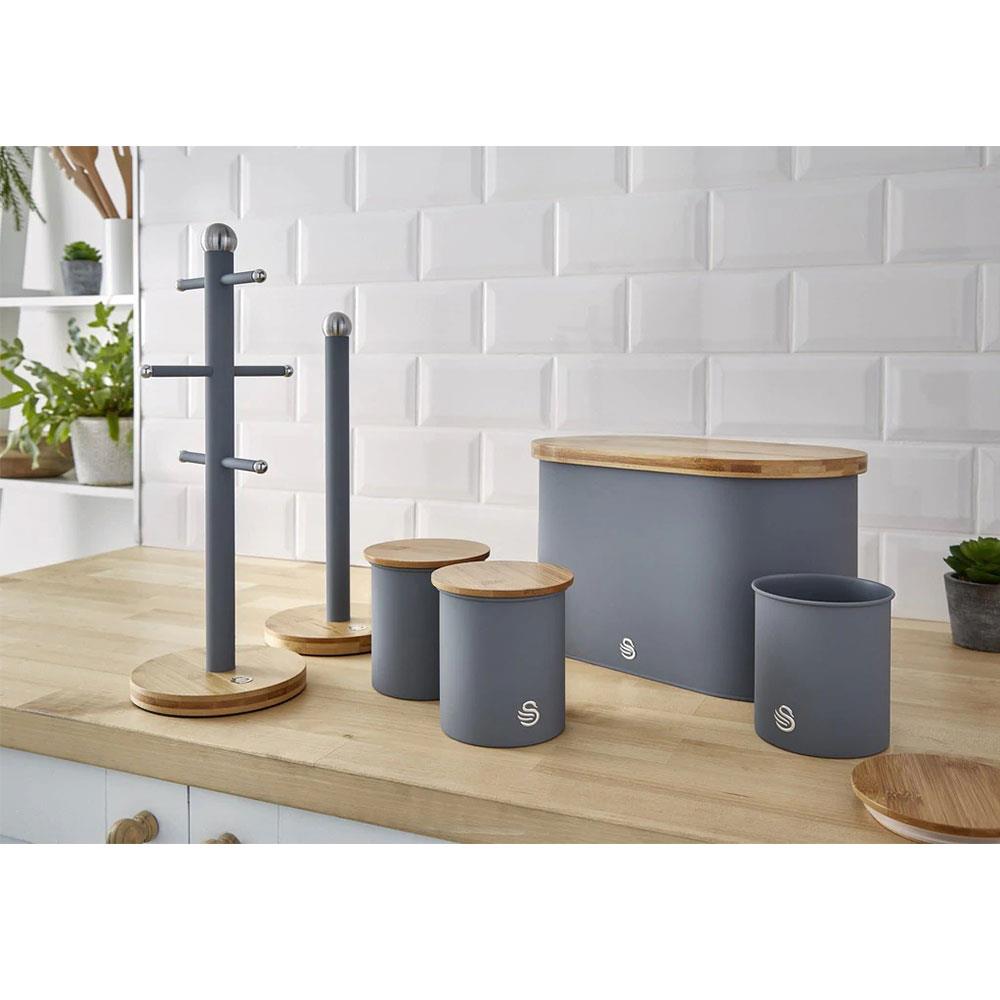 Swan Nordic Six Branch Mug Tree With Bamboo Base Wooden Effect Steel - Slate Grey
