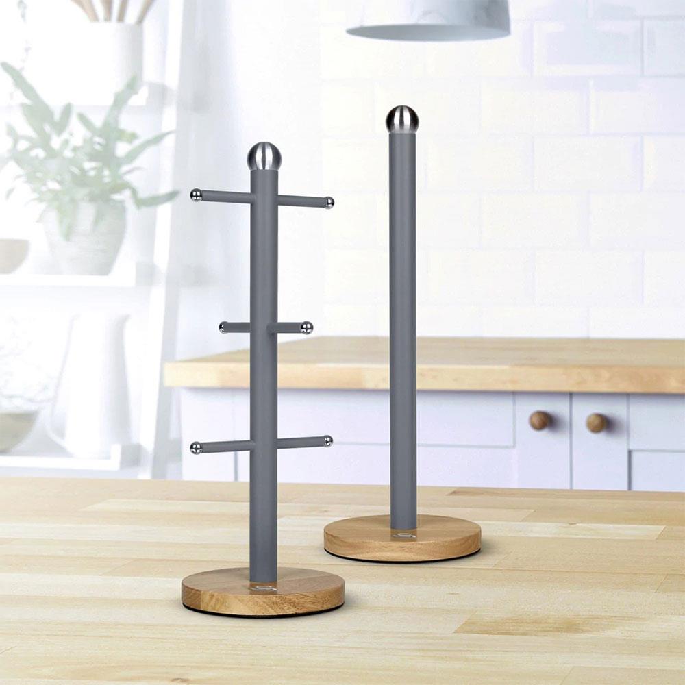 Swan Nordic Six Branch Mug Tree With Bamboo Base Wooden Effect Steel - Slate Grey